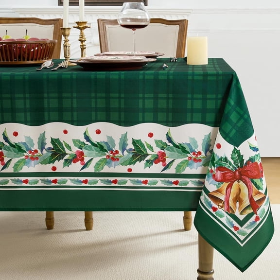 Christmas Checkered Rectangle Tablecloth, Winter Holly Bell Table Cloth, Green Buffalo Plaid Xmas Table Cover for Dining, Party, Holiday Decor - 60 x 120 Inch