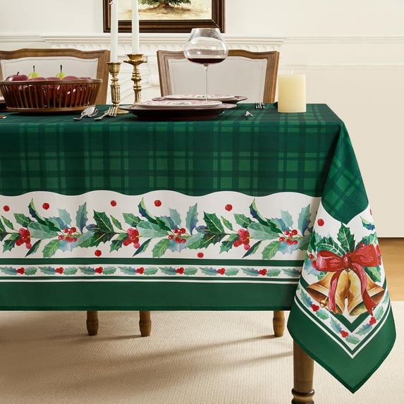 Christmas Checkered Rectangle Tablecloth, Winter Holly Bell Table Cloth, Green Buffalo Plaid Xmas Table Cover for Dining, Party, Holiday Decor - 60 x 84 Inch