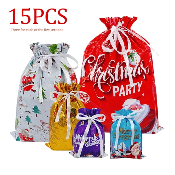 Christmas Cheer Drawstring Gift Bags, 2026 New Christmas Foil Gift Wrapping Sacks Pouches for Xmas, Holiday Drawstring Gift Bags Party Favor Gift Wrapping Bags Bulk, 15PCS