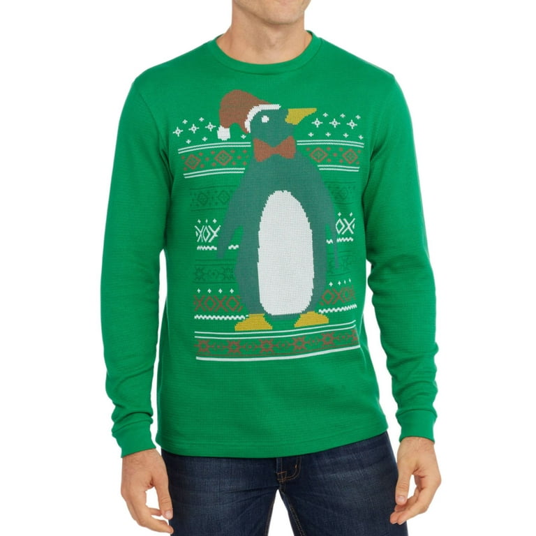 Christmas Cheer Mens Green Penguin Long Sleeve Thermal Shirt