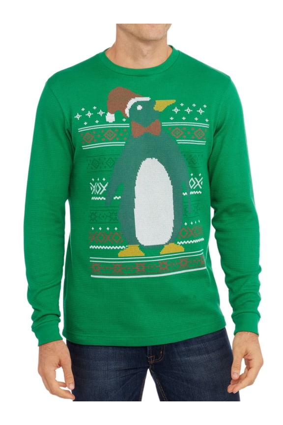 Christmas Cheer Mens Green Penguin Long Sleeve Thermal Shirt