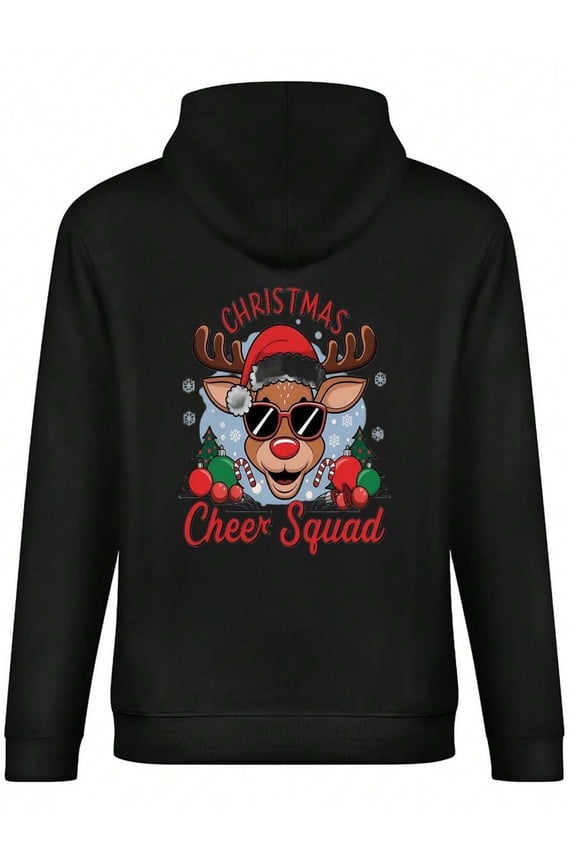Christmas Cheer Squad Cool Reindeer Graphic Black Hoodie - Fashionable Long Sleeve Hooded Sweatshirt With Festive Design, Featuring Reindeer In Santa Hat And Sunglasses, Perfect For Christmas Celebra