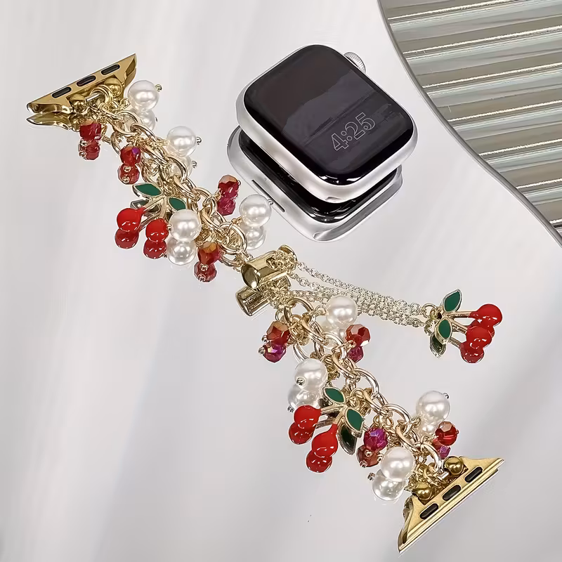 Christmas Cherry Pearl Bracelet Watch Band for Apple Watch Women, Handmade Metal Chain Strap with Red Beads & Pearls, Compatible Elegant Holiday Gift42/44/45/46/49mm