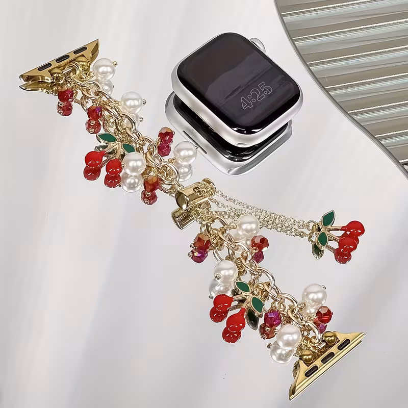 Christmas Cherry Pearl Bracelet Watch Band for Apple Watch Women, Handmade Metal Chain Strap with Red Beads & Pearls, Compatible Elegant Holiday Gift42/44/45/46/49mm
