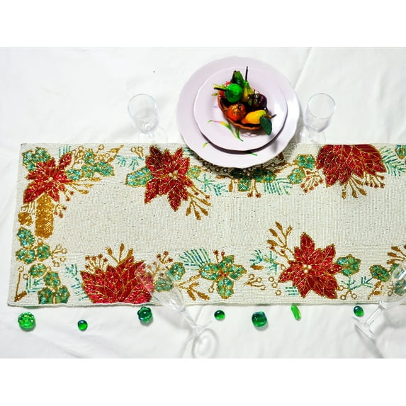 Christmas Cherry Table Runner, Hand Beaded Table Runner, Thanks Giving Gift 13X36 inch