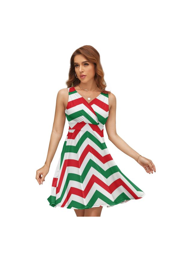 Christmas Chevron Pattern Green, Red And White Christmas Dress Summer Street Style Dresses Female Sleeveless Printed Sundress