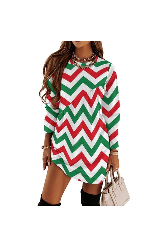 Christmas Chevron Pattern Green, Red And White Christmas Loose Dress Evening Dress Summer Dresses for Women Luxury Dress Long Sleeved Dress
