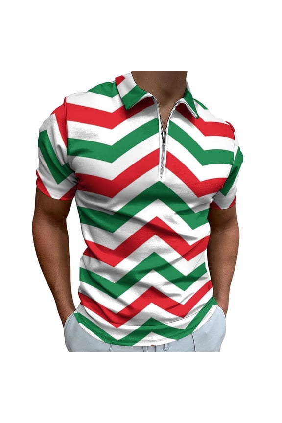 Christmas Chevron Pattern Green, Red And White Christmas Men Zipper T-shirt Summer Casual Short Sleeve T-shirt Top