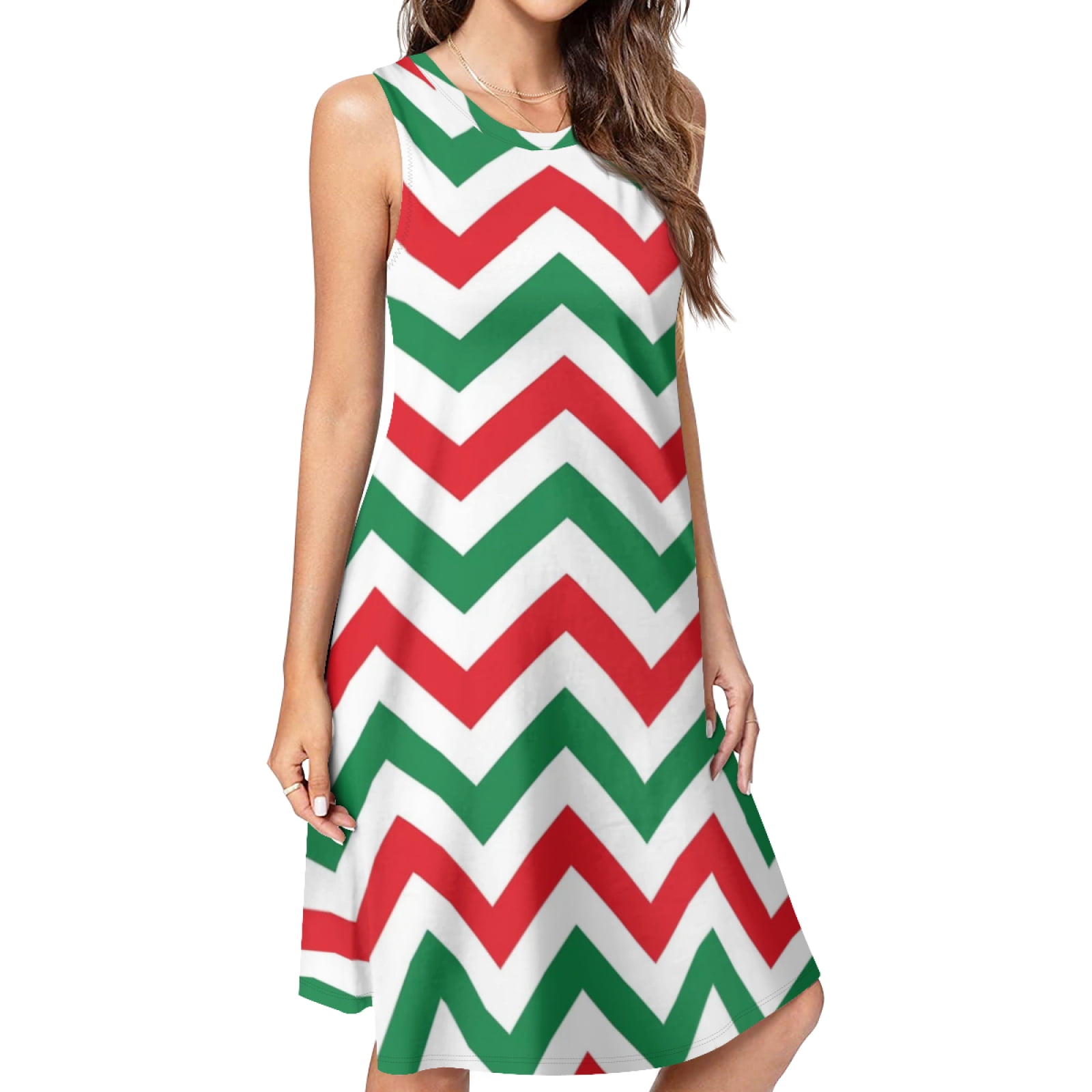 Christmas Chevron Pattern Green, Red and White Christmas Spring Summer  Dresses for Women Fashion T-shirt Dress Casual Sleeveless Loose Sundress  with Pockets - Walmart.com