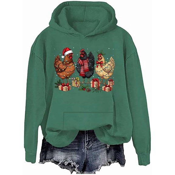 Christmas Chicken Hoodie Chicken Christmas Graphic Sweatshirts Farm Lover Gift Holiday Long Sleeve Tops