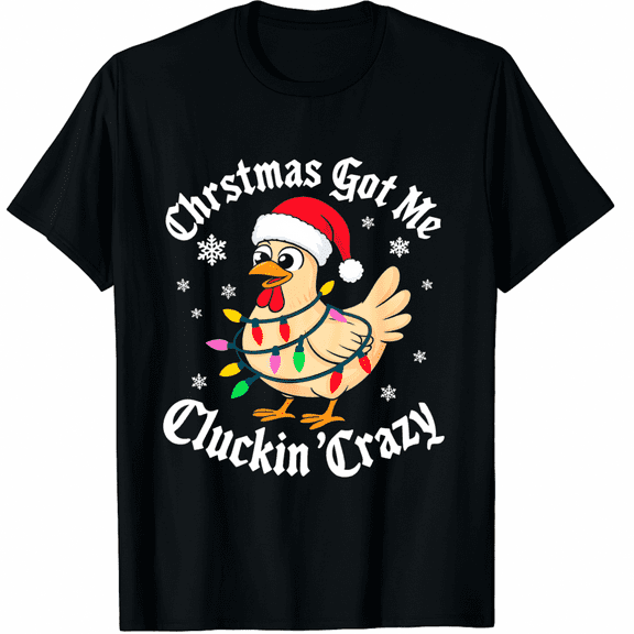 Christmas Chicken Lights Santa Hat Black Short Sleeve T-Shirt for Men and Women