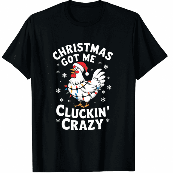 Christmas Chicken Lights Santa Hat Black Short Sleeve T-Shirt for Men and Women
