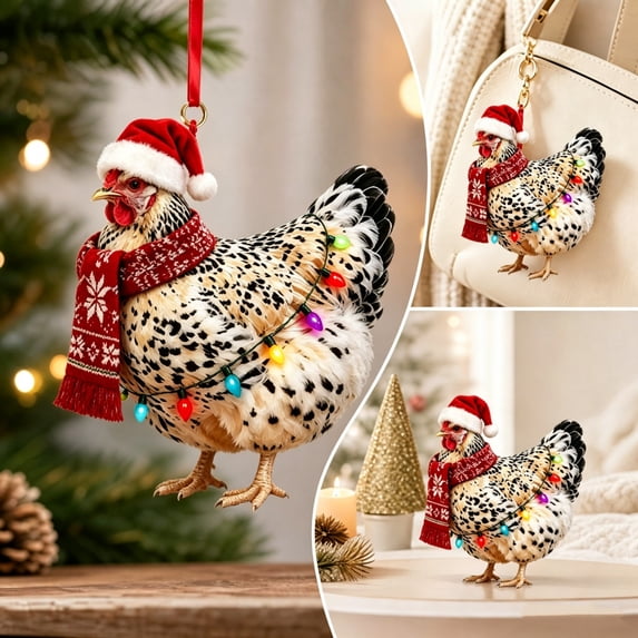 Christmas Chicken Ornament for Xmas Tree, Funny Chicken Hanging Ornament, 2D Flat Acrylic Designs, Holiday Keepsake, Farmhouse Gift for Chicken Lovers,1PCS