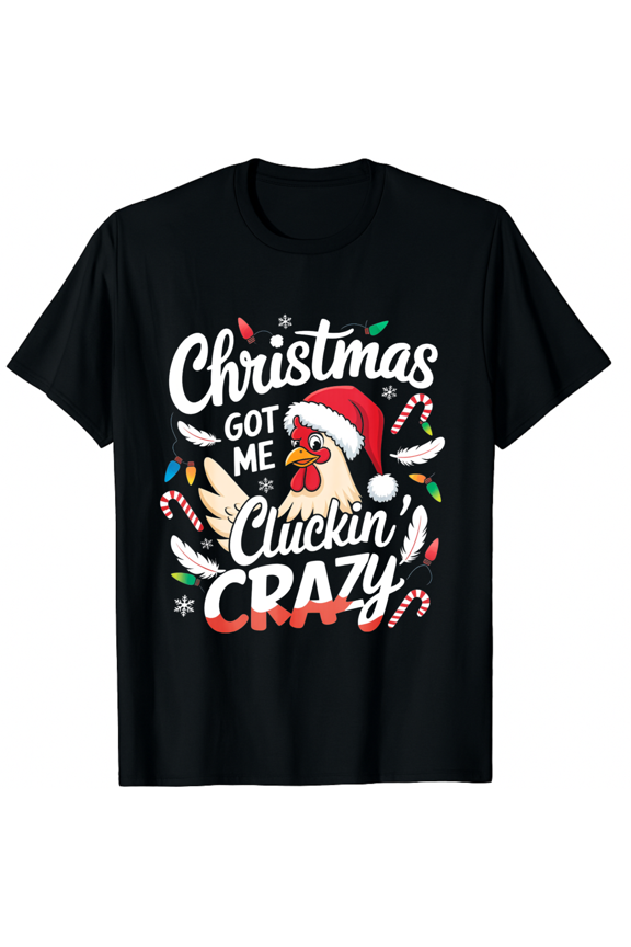 Christmas Chicken Santa Hat Candy Cane Black Short Sleeve T-Shirt for Men and Women