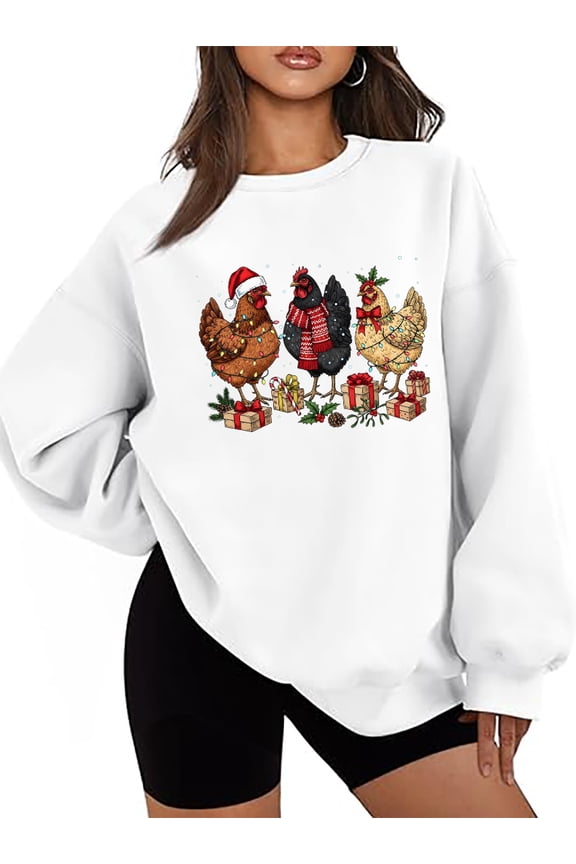 Christmas Chicken Sweatshirt Chicken Christmas Graphic Shirts Farm Lover Gift Holiday Long Sleeve Tops