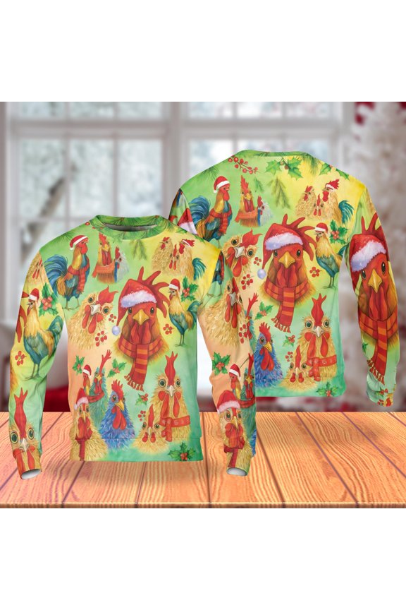 Christmas Chicken Sweatshirt, Festive Holiday Crewneck, Colorful Roosters with Santa Hats & Scarves, Fun Xmas Pullover for Men Women, Quirky Holiday Sweater