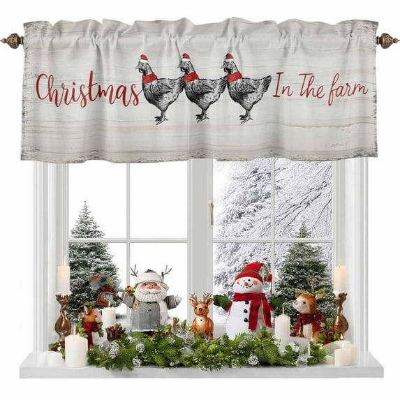 Christmas Chicken Valances for Windows, 42 x 18in, In The Farm Wooden Stripes Farmhouses Rod Pocket Kitchen Valance Curtain Light Filtering Window Treatments for Living Room Bedroom, 1 Panel