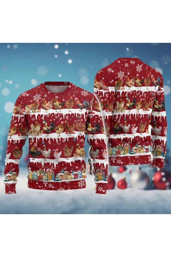 Christmas Chickens 3D Sweater, Farm Animal Sweater, Funny Holiday Sweater, Chicken Mom Gift, Santa Hat Shirt, Xmas Party Sweater