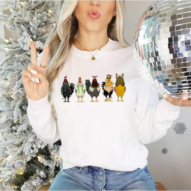 Christmas Chickens Long Sleeve, Cute Chicken Farm Animals Holiday Shirt