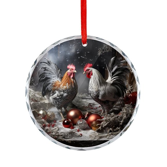 Christmas Chickens Ornament Holiday Present Ideas Watercolor Chicken Round Glass Hanging Ornament
