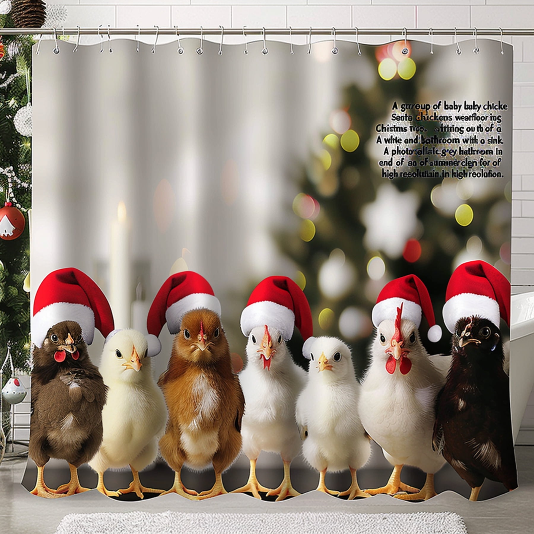 Christmas Chickens Shower Curtain Festive Baby Chickens in Santa Hats