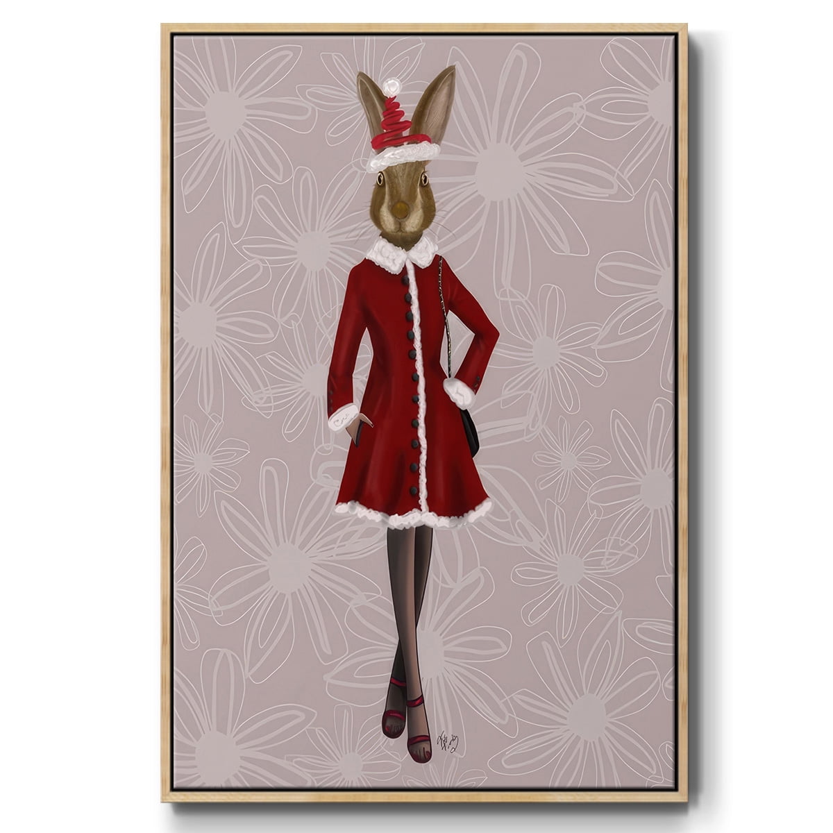 Christmas Christmas Fashion Bunny - Framed Gallery Wrapped Holiday Canvas - 17 x 25 - Natural Wood Frame