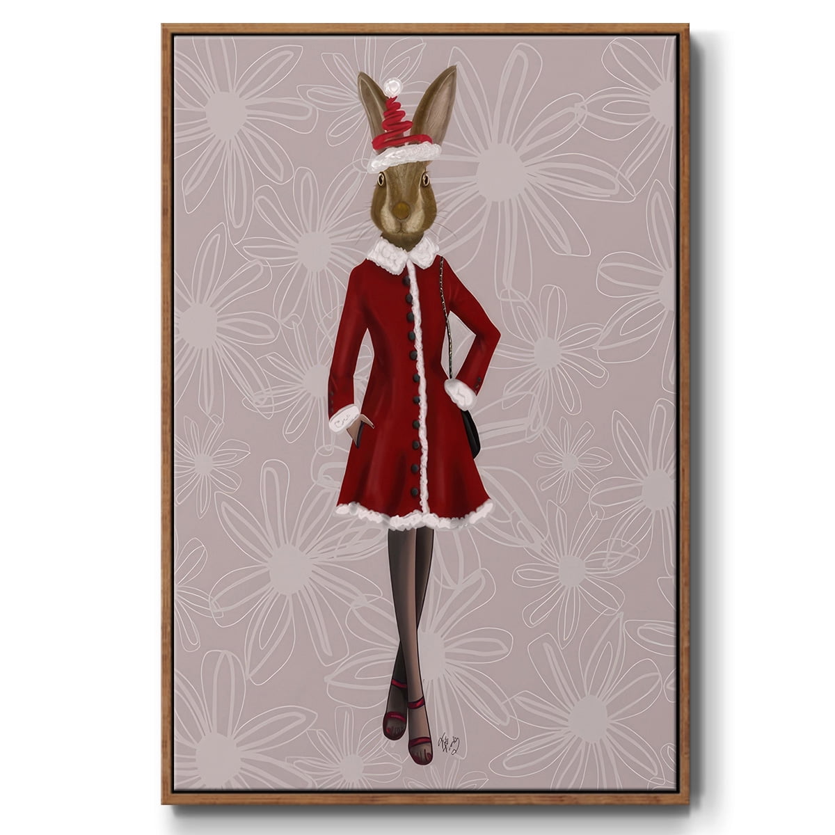 Christmas Christmas Fashion Bunny - Framed Gallery Wrapped Holiday Canvas - 25 x 37 - Rosewood Frame
