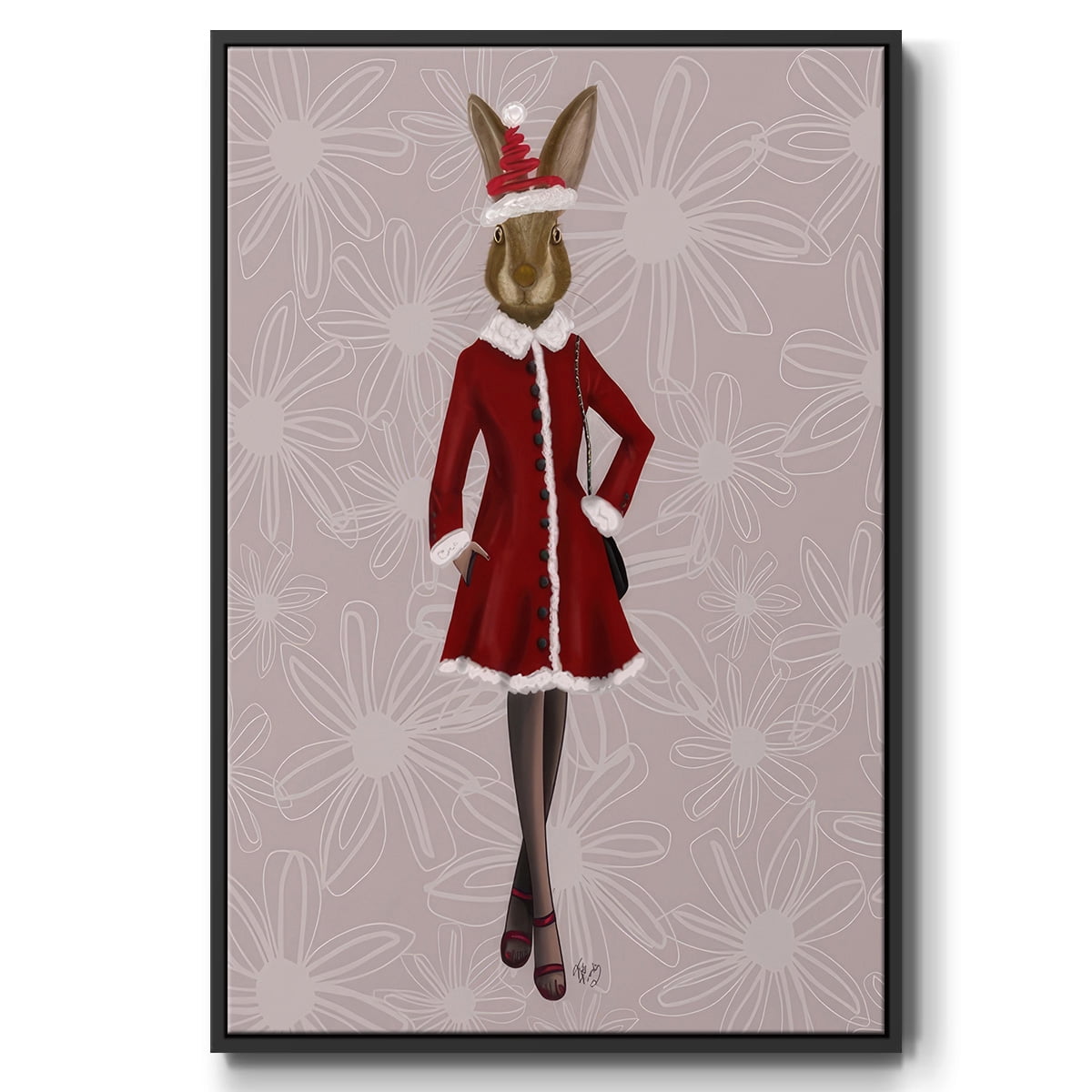 Christmas Christmas Fashion Bunny - Framed Gallery Wrapped Holiday Canvas - 27 x 41 - Black Frame