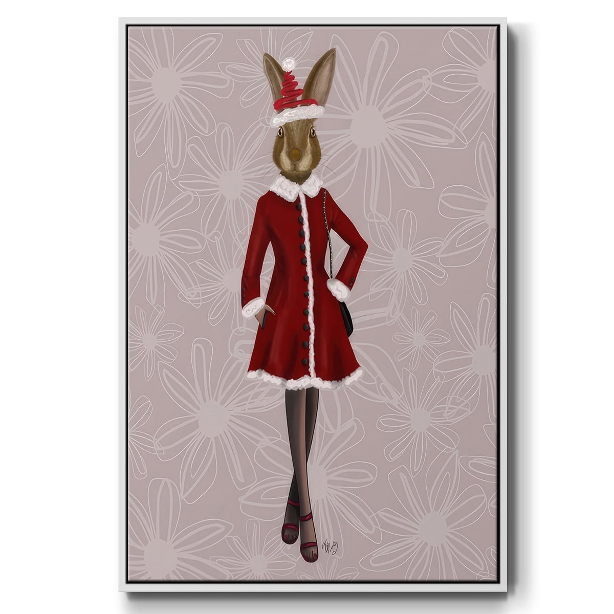 Christmas Christmas Fashion Bunny - Framed Gallery Wrapped Holiday Canvas - 27 x 41 - White Frame