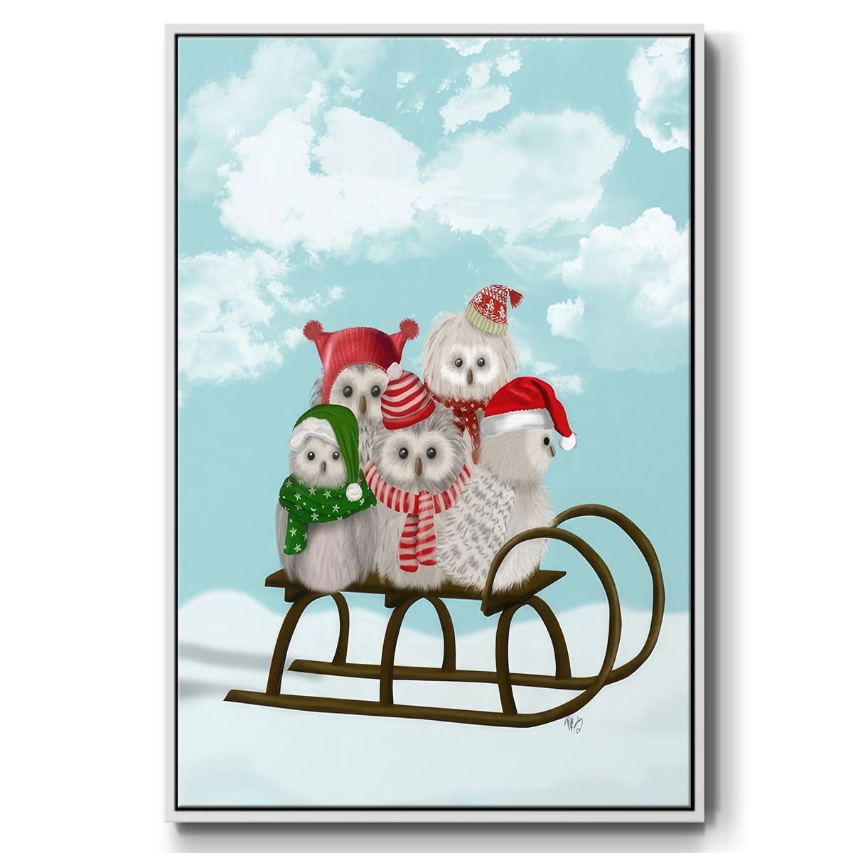 Christmas Christmas Owl Sled - Framed Gallery Wrapped Holiday Canvas - 17 x 25 - White Frame