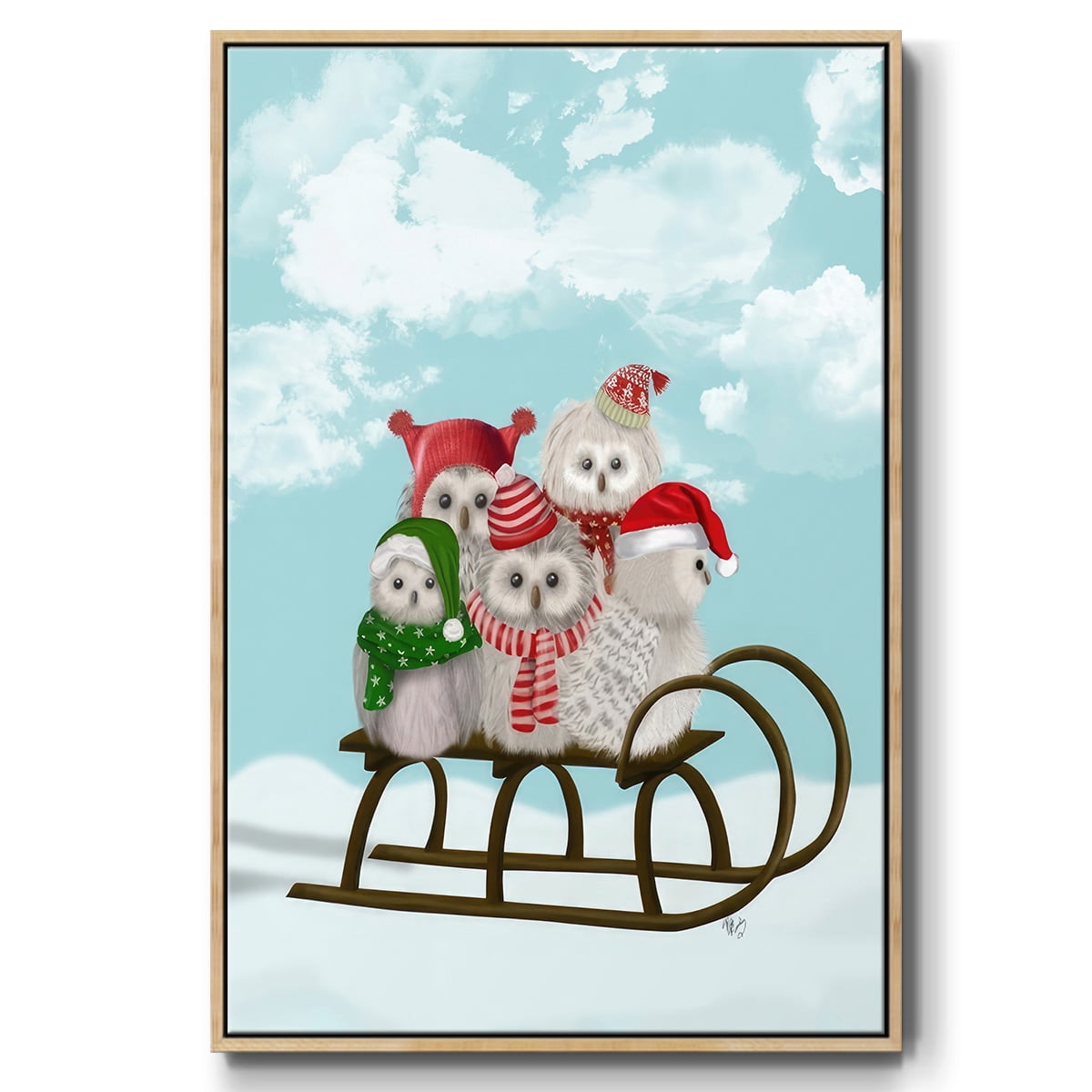 Christmas Christmas Owl Sled - Framed Gallery Wrapped Holiday Canvas - 25 x 37 - Natural Wood Frame