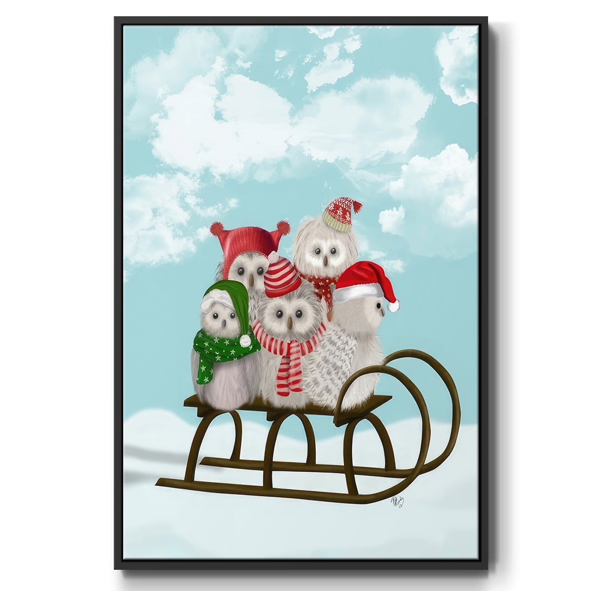 Christmas Christmas Owl Sled - Framed Gallery Wrapped Holiday Canvas - 27 x 41 - Black Frame