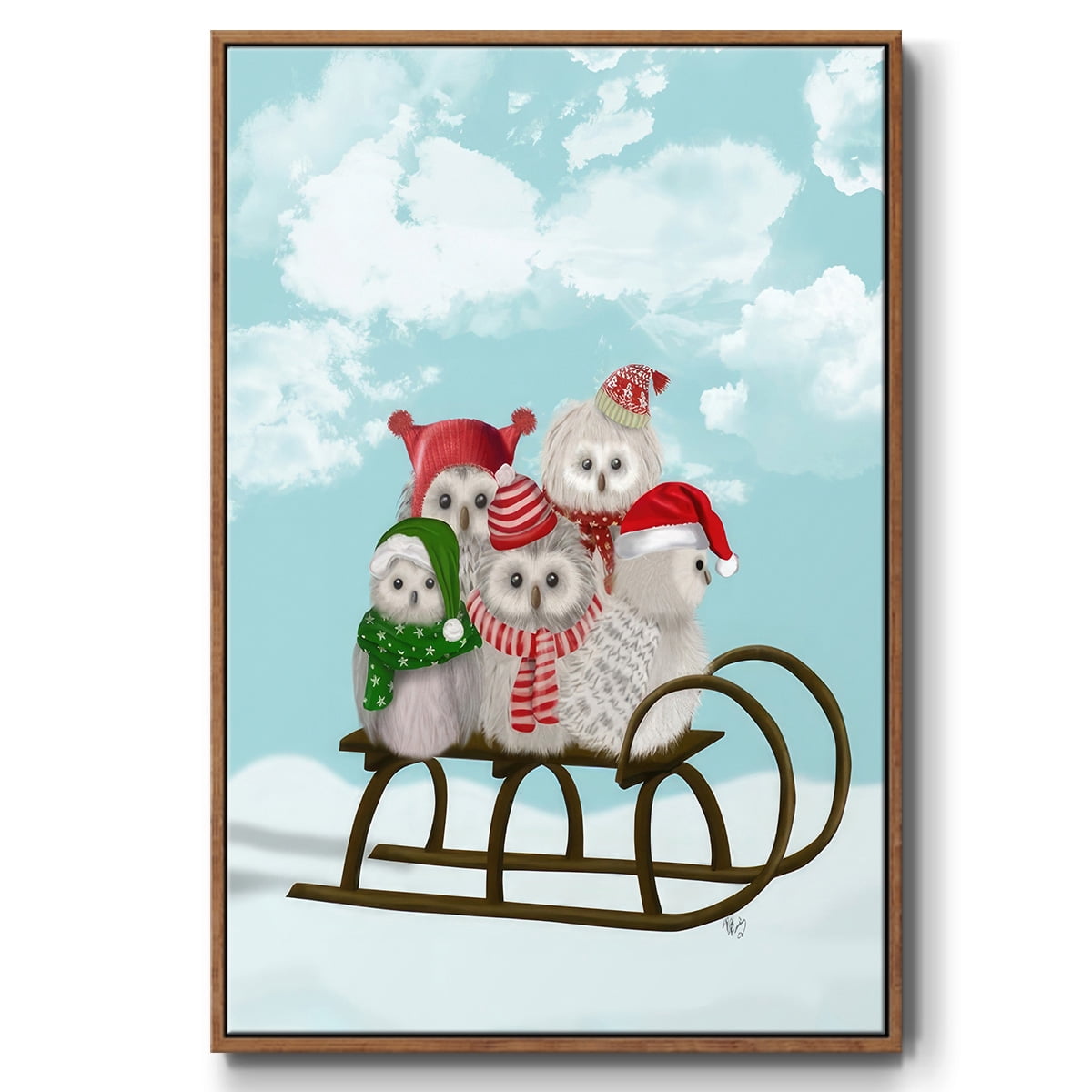 Christmas Christmas Owl Sled - Framed Gallery Wrapped Holiday Canvas - 27 x 41 - Rosewood Frame