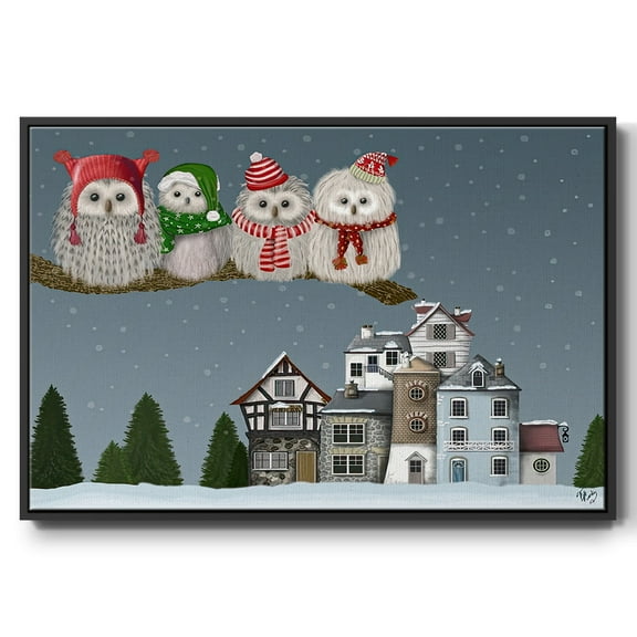 Christmas Christmas Owl Village - Framed Gallery Wrapped Holiday Canvas - 17 x 25 - Black Frame