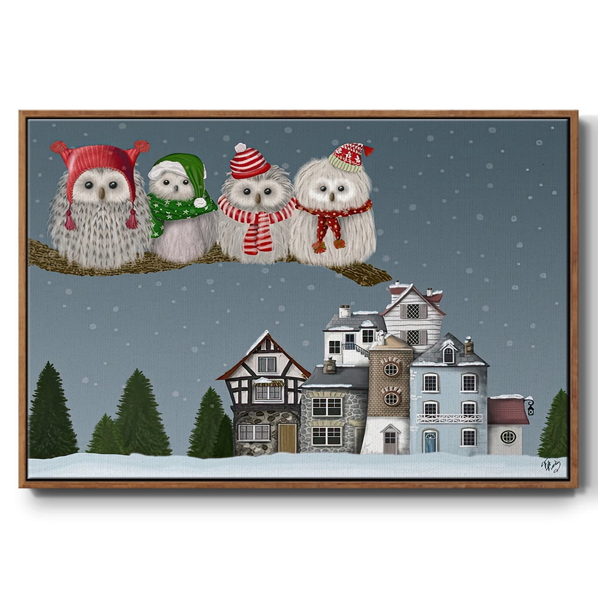 Christmas Christmas Owl Village - Framed Gallery Wrapped Holiday Canvas - 25 x 37 - Rosewood Frame