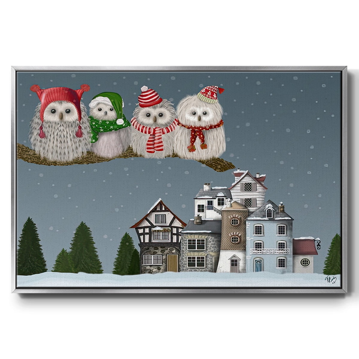 Christmas Christmas Owl Village - Framed Gallery Wrapped Holiday Canvas - 25 x 37 - Silver Frame