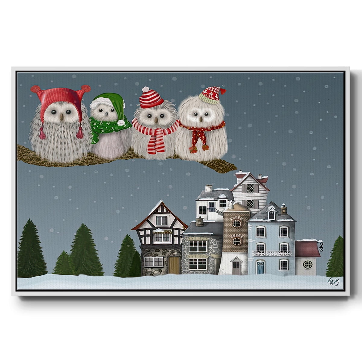 Christmas Christmas Owl Village - Framed Gallery Wrapped Holiday Canvas - 25 x 37 - White Frame
