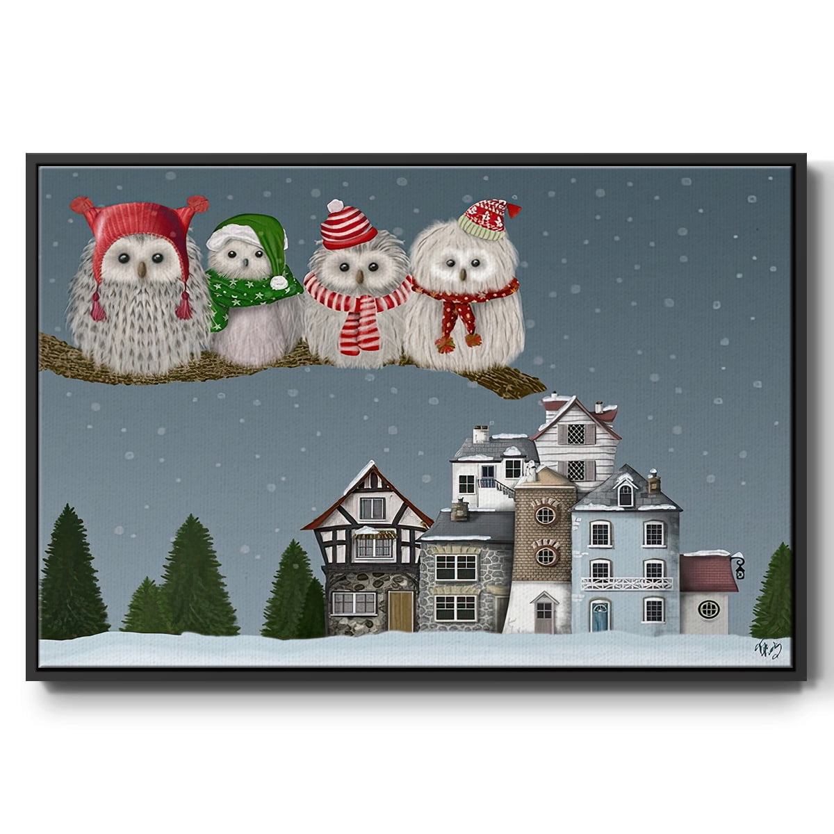 Christmas Christmas Owl Village - Framed Gallery Wrapped Holiday Canvas - 27 x 41 - Black Frame