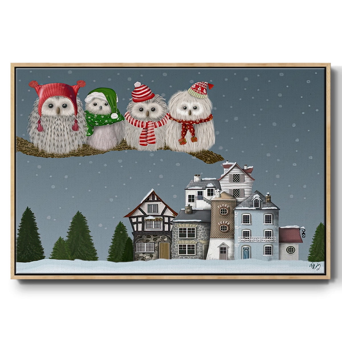 Christmas Christmas Owl Village - Framed Gallery Wrapped Holiday Canvas - 27 x 41 - Natural Wood Frame