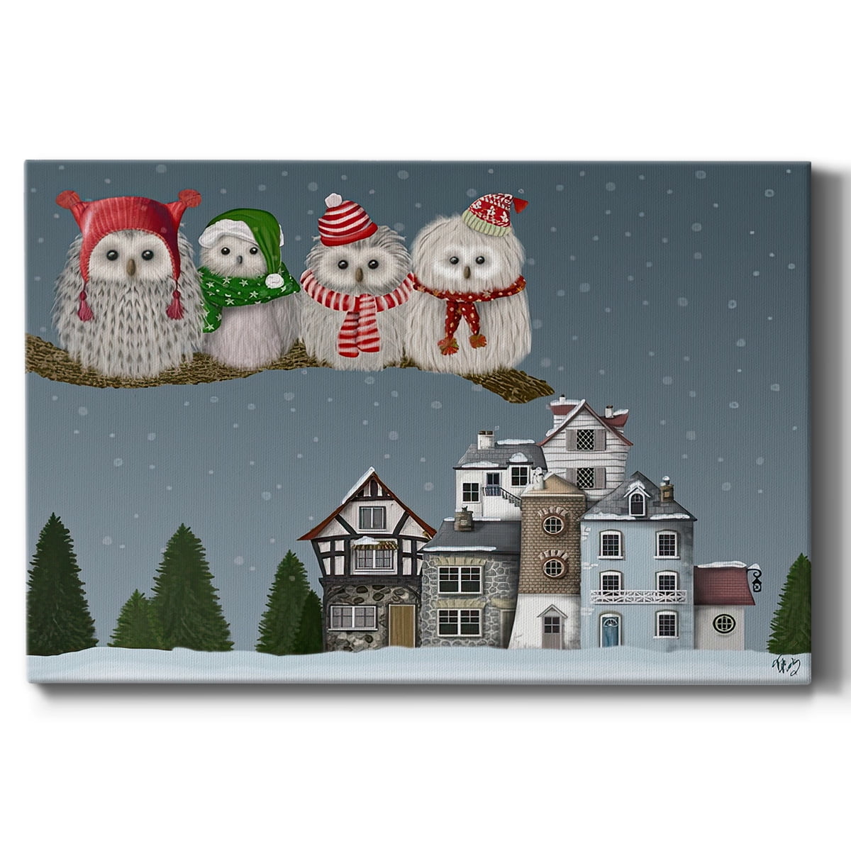 Christmas Christmas Owl Village- Gallery Wrapped Canvas