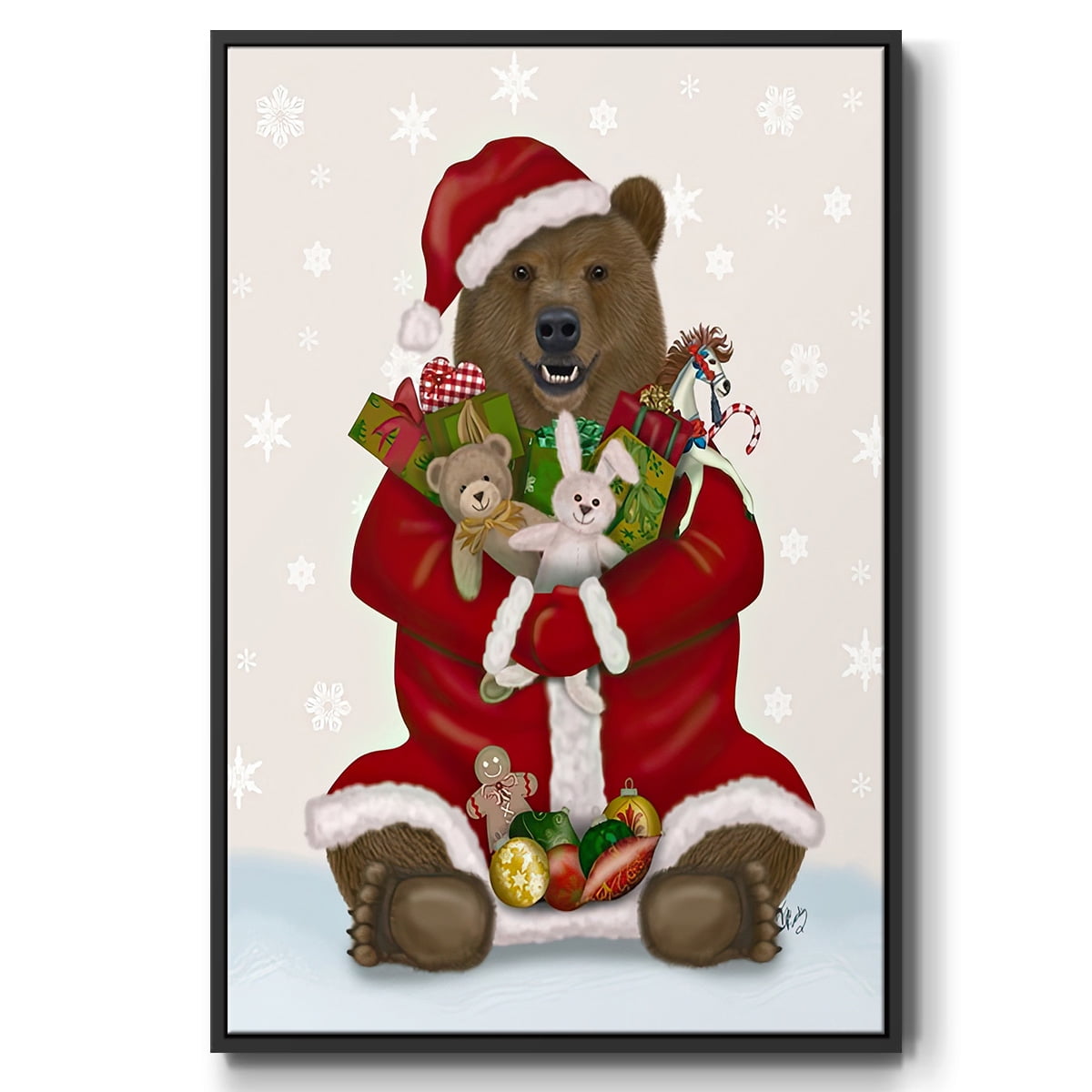 Christmas Christmas Present Bear Hug - Framed Gallery Wrapped Holiday Canvas - 17 x 25 - Black Frame