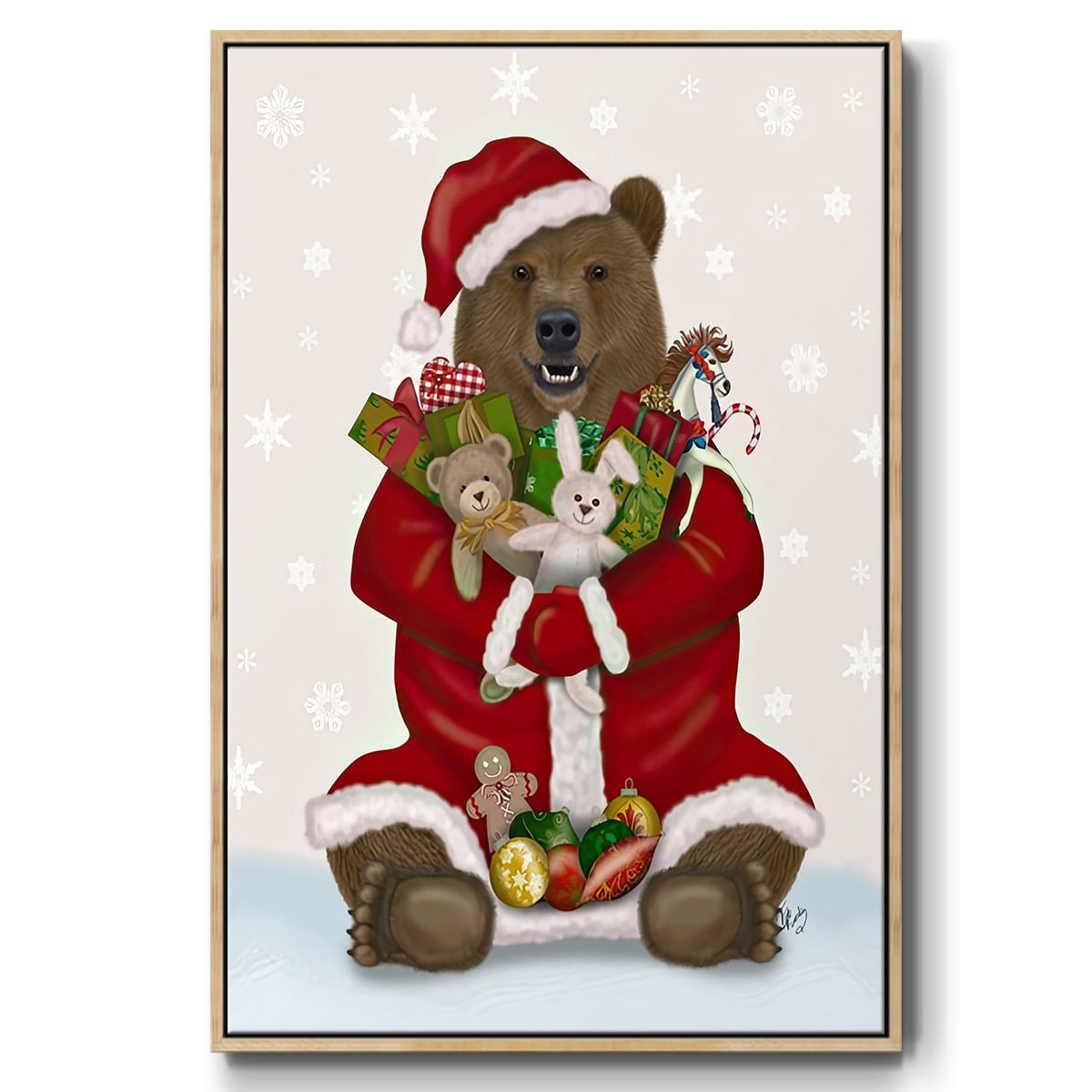Christmas Christmas Present Bear Hug - Framed Gallery Wrapped Holiday Canvas - 17 x 25 - Natural Wood Frame
