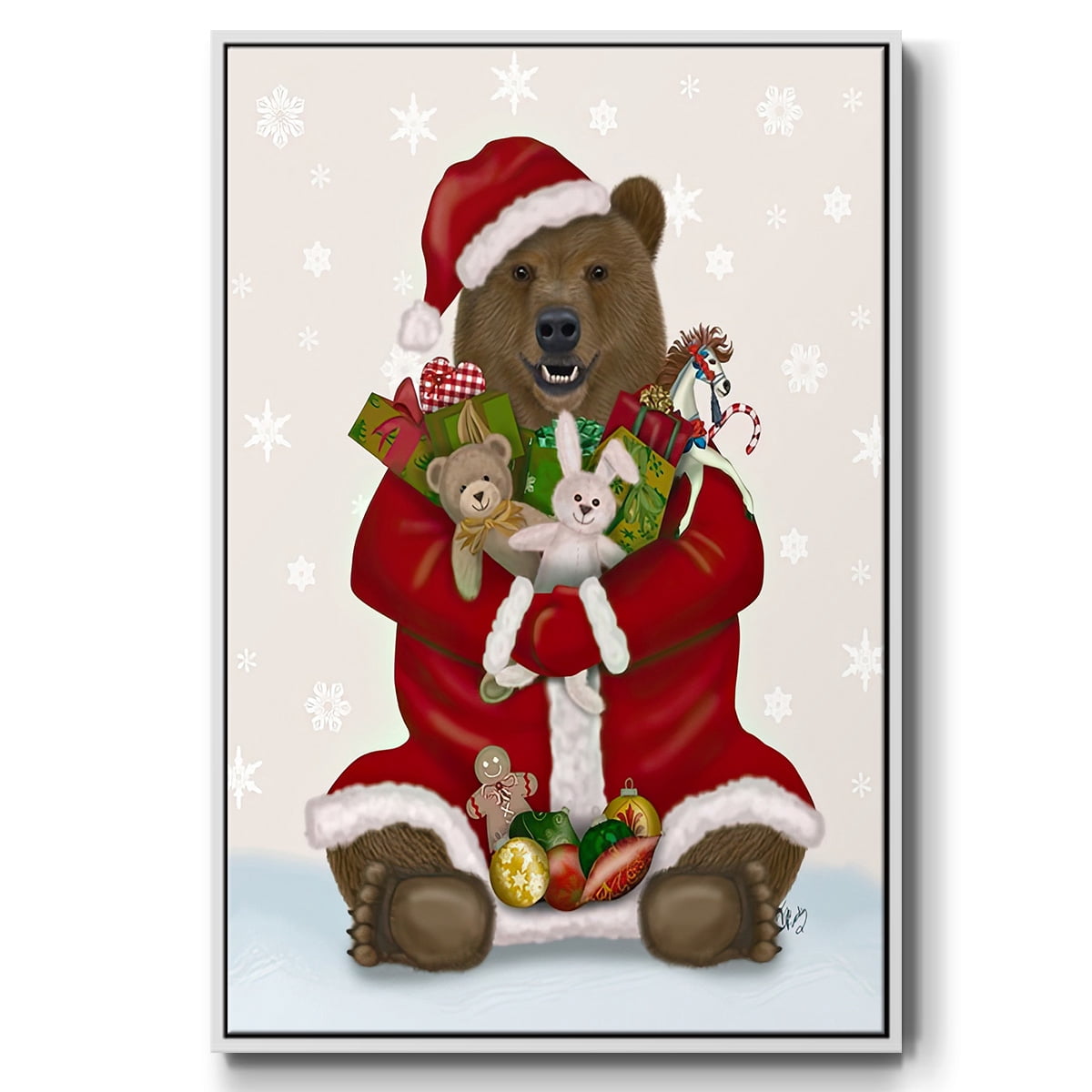 Christmas Christmas Present Bear Hug - Framed Gallery Wrapped Holiday Canvas - 17 x 25 - White Frame