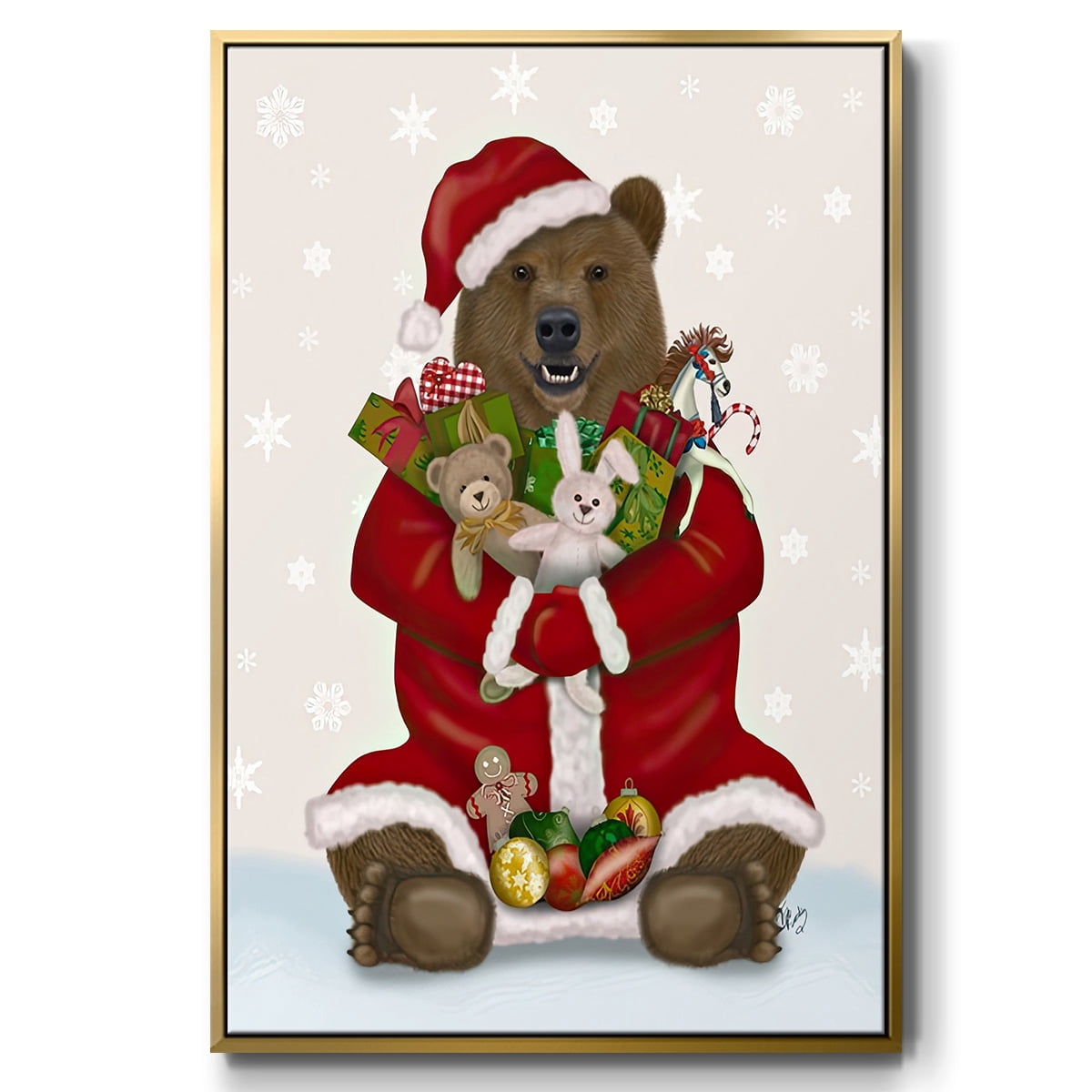 Christmas Christmas Present Bear Hug - Framed Gallery Wrapped Holiday Canvas - 25 x 37 - Gold Frame
