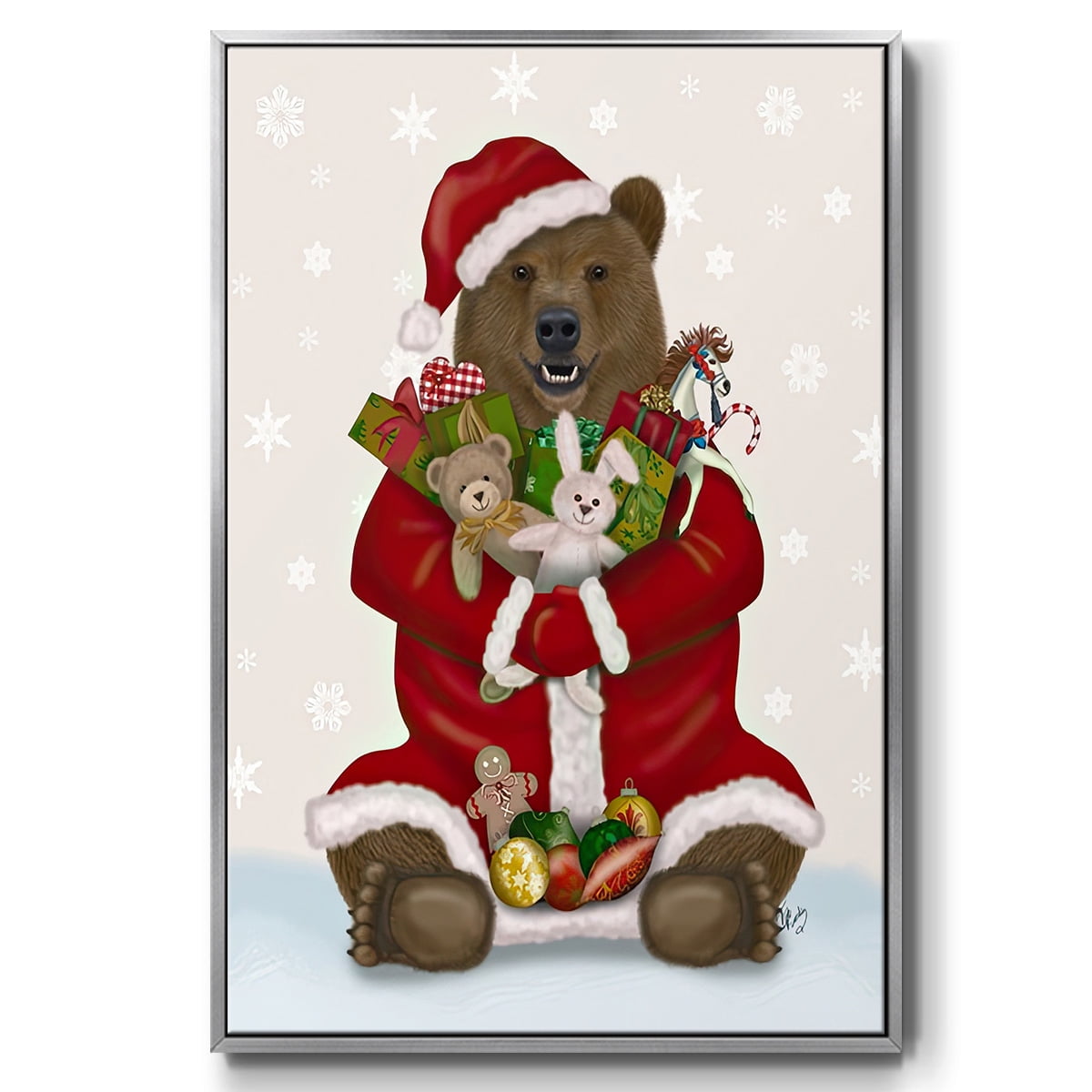 Christmas Christmas Present Bear Hug - Framed Gallery Wrapped Holiday Canvas - 25 x 37 - Silver Frame