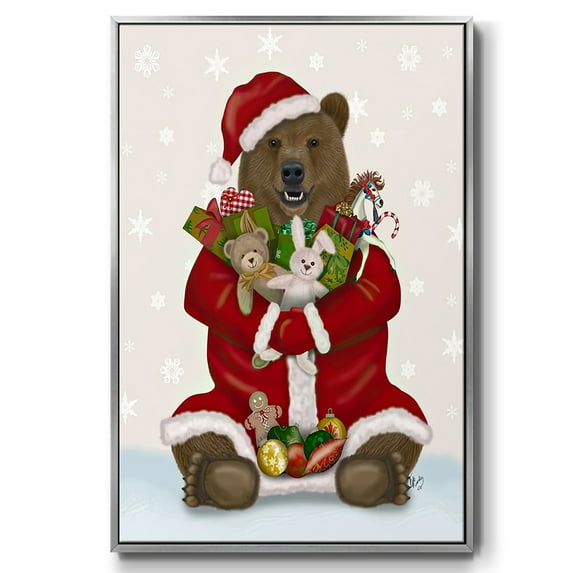 Christmas Christmas Present Bear Hug - Framed Gallery Wrapped Holiday Canvas - 27 x 41 - Silver Frame