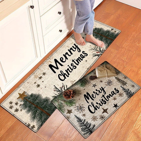 Christmas, Christmas Tree, Gift Box, Star "Merry Christmas" Retro Style Flannel Soft Kitchen Rugs Non Slip Washable, Throw Mat, Non-Skid Runner Mat,Living Room Laundry Bathroom Water-absorbing Ma