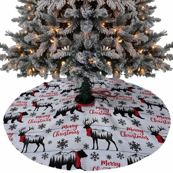 Christmas Christmas Tree Skirt 36 Inch, Winter Deer Bear Scarf Snowflake Blue Wood Grain Xmas Tree Skirt, Christmas Tree Mat Ornaments for Home New Year Party and Holiday Decor Supplies