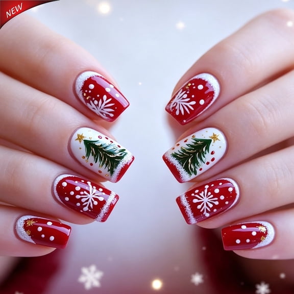Christmas Christmas Tree Snowflake Star Medium Long Square Acrylic Press On Nails, Holiday Fake Nails, 24 Pcs Reusable Glue On False Nails Set for Xmas Party New Year Winter Festive Manicure Supplies