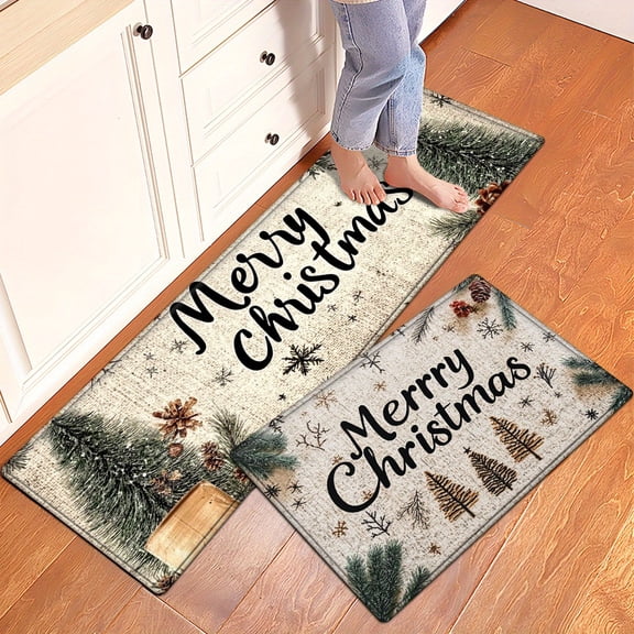 Christmas, Christmas tree, pine branches, red berries, stars "Merry Christmas" vintage style Flannel Soft Kitchen Rugs Non Slip Washable, Throw Rug, Non-Skid Runner Rug, Floor Mat, Doormat